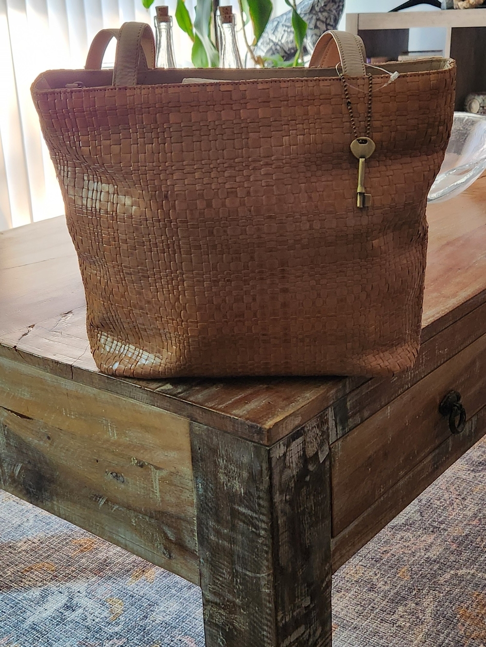 Fossil Tan Woven Leather Tote with Key Charm
